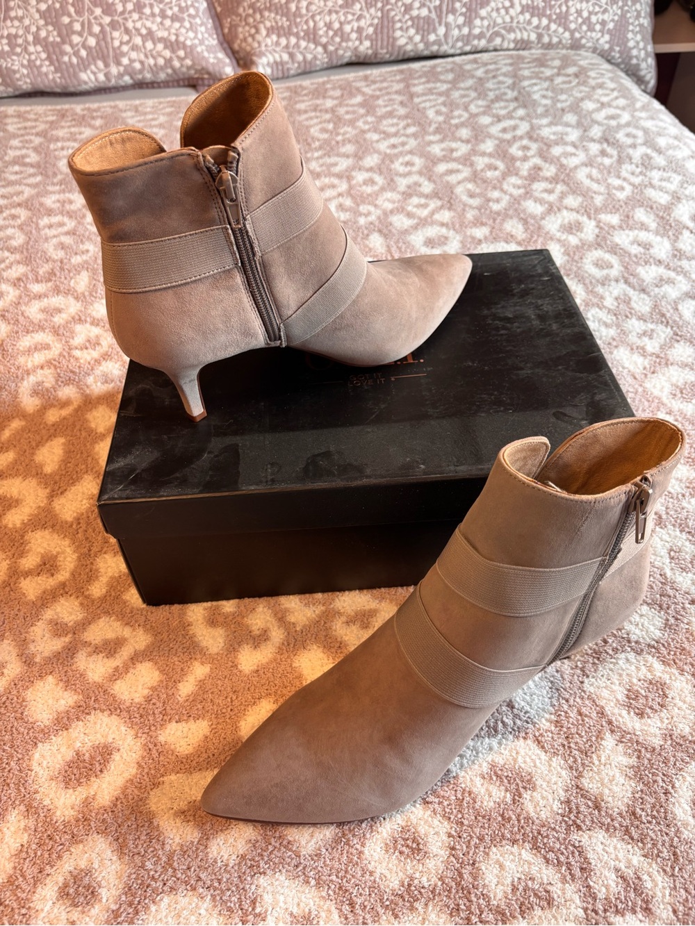 G.I.L.I. Taupe Pointed-Toe Ankle Booties with Strap Detail